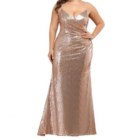 Rose Gold Metallic Spaghetti Strap Evening Gown Prom Dress Bridesmaid MOB - Picture 3 of 8